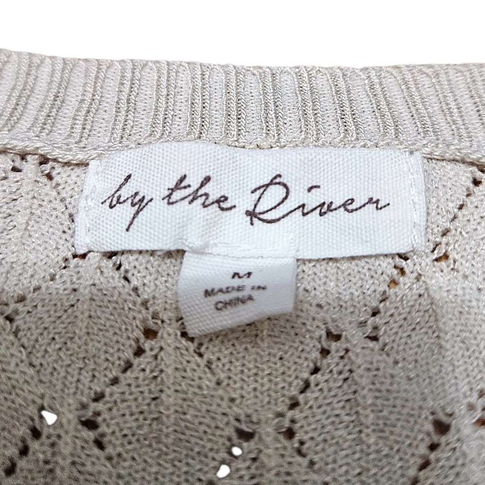 Womens Diamond Pattern Blouse Sheer Puff Sleeve Top Ivory M Preppy Coquette - Picture 7 of 12